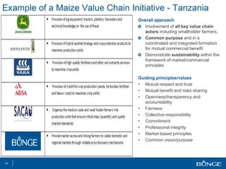 Example of a Maize Value Chain Initiative - Tanzania
Overall approach
Involvement of all key value chain
actors including smallholder farmers,
Common purpose and in a
coordinated and integrated formation
for mutual commercial benefit
Demonstrate sustainability within the
framework of market/commercial
principles
Guiding principles/values
• Mutual respect and trust
• Mutual benefit and risks sharing
• Openness/transparency and
accountability
• Fairness
• Collective responsibility
• Commitment
• Professional integrity
• Market based principles
• Common vision/purpose
10
 
