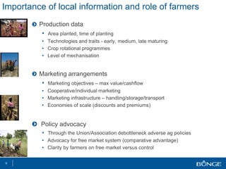 Importance of local information and role of farmers
Production data
• Area planted, time of planting
• Technologies and traits - early, medium, late maturing
• Crop rotational programmes
• Level of mechanisation
Marketing arrangements
• Marketing objectives – max value/cashflow
• Cooperative/individual marketing
• Marketing infrastructure – handling/storage/transport
• Economies of scale (discounts and premiums)
Policy advocacy
• Through the Union/Association debottleneck adverse ag policies
• Advocacy for free market system (comparative advantage)
• Clarity by farmers on free market versus control
9
 