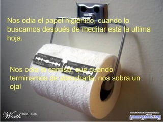 Nos odia el papel higiénico, cuando lo buscamos después de meditar está la ultima hoja. Nos odia la camisa, que cuando terminamos de abrocharla, nos sobra un ojal  