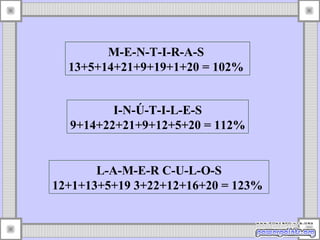 M-E-N-T-I-R-A-S  13+5+14+21+9+19+1+20 = 102%  I-N-Ú-T-I-L-E-S 9+14+22+21+9+12+5+20 = 112% L-A-M-E-R C-U-L-O-S 12+1+13+5+19 3+22+12+16+20 = 123%  