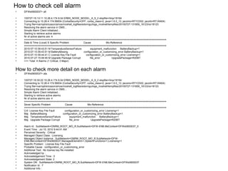 How to check cell alarm
• DFWe0600037> alt
• 100727-15:13:11 10.26.4.174 8.0d ERBS_NODE_MODEL_A_9_2 stopfile=/tmp/18164
• Connecting to 10.26.4.174:56834 (CorbaSecurity=OFF, corba_class=2, java=1.6.0_13, jacoms=R71CD02, jacorb=R71AN04)
• Trying file=/var/opt/ericsson/amos/moshell_logfiles/edonngu/logs_moshell/tempfiles/20100727-131859_18123/ior18123
• Resolving the alarm service in OMS...
• Simple Alarm Client initialized...
• Starting to retrieve active alarms
• Nr of active alarms are: 4
• ================================================================================================
• Date & Time (Local) S Specific Problem Cause Mo-Reference
• ================================================================================================
• 2010-07-10 09:43:51 M TemperatureSensorFailure equipment_malfunction BatteryBackup=1
• 2010-07-10 09:43:51 M BatteryMissing configuration_or_customizing_error BatteryBackup=1
• 2010-07-10 09:44:41 C License Key File Fault configuration_or_customizing_error Licensing=1
• 2010-07-27 15:06:55 M Upgrade Package Corrupt file_error UpgradePackage=R20BT
• >>> Total: 4 Alarms (1 Critical, 3 Major)
How to check more detail on each alarm
• DFWe0600037> ala
• 100727-16:30:22 10.26.4.174 8.0d ERBS_NODE_MODEL_A_9_2 stopfile=/tmp/18164
• Connecting to 10.26.4.174:56834 (CorbaSecurity=OFF, corba_class=2, java=1.6.0_13, jacoms=R71CD02, jacorb=R71AN04)
• Trying file=/var/opt/ericsson/amos/moshell_logfiles/edonngu/logs_moshell/tempfiles/20100727-131859_18123/ior18123
• Resolving the alarm service in OMS...
• Simple Alarm Client initialized...
• Starting to retrieve active alarms
• Nr of active alarms are: 4
• ================================================================================================
• Sever Specific Problem Cause Mo-Reference
• ================================================================================================
• Crit License Key File Fault configuration_or_customizing_error Licensing=1
• Maj BatteryMissing configuration_or_customizing_error BatteryBackup=1
• Maj TemperatureSensorFailure equipment_malfunction BatteryBackup=1
• Maj Upgrade Package Corrupt file_error UpgradePackage=R20BT
• Alarm Id : SubNetwork=ONRM_ROOT_MO_R,SubNetwork=DFW-ENB,MeContext=DFWe0600037_5
• Event Time : Jul 10, 2010 9:44:41 AM
• Perceived Severity : Critical
• Managed Object Class : Licensing
• Managed Object Instance : SubNetwork=ONRM_ROOT_MO_R,SubNetwork=DFW-
ENB,MeContext=DFWe0600037,ManagedElement=1,SystemFunctions=1,Licensing=1
• Specific Problem : License Key File Fault
• Probable Cause : configuration_or_customizing_error
• Additional Text : No license key file installed
• Acknowledged by :
• Acknowledgement Time : 0
• Acknowledgement State: 2
• System DN : SubNetwork=ONRM_ROOT_MO_R,SubNetwork=DFW-ENB,MeContext=DFWe0600037
• Notification Id : 7
• Additional Info :
 