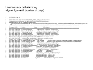 How to check cell alarm log
>lga or lga –xxd (number of days)
• DFWe0600531> lga -2d
• 100804-09:59:24 10.26.66.110 8.0d ERBS_NODE_MODEL_A_9_2 stopfile=/tmp/11419
• Trying password from ipdatabase file: /opt/ericsson/amos/moshell/sitefiles/ipdatabase...
• Startdate=19661031.081320, Enddate=20100805.145924
• ........Get /c/logfiles/alarm_event/ALARM_LOG.xml /var/opt/ericsson/amos/moshell_logfiles/edonngu/logs_moshell/tempfiles/20100803-162851_11377/alarmLog11419.xml
... OK
• ====================================================================================================================
• Timestamp (UTC) S Problem Cause MO-reference
• ====================================================================================================================
• 2010-03-28 21:49:57 AL m Password File Fault configuration_or_customizing_error Security=1
• 2010-03-28 21:50:00 AL C License Key File Fault configuration_or_customizing_error Licensing=1
• 2010-04-29 14:49:00 AL * License Key File Fault configuration_or_customizing_error Licensing=1
• 2010-04-29 14:49:36 AL m Password File Fault configuration_or_customizing_error Security=1
• 2010-04-29 14:49:40 AL C License Key File Fault configuration_or_customizing_error Licensing=1
• 2010-04-29 14:52:46 AL M Invalid Ethernet Optical Module replaceable_unit_type_mismatch
Subrack=1,Slot=1,PlugInUnit=1,ExchangeTerminalIp=1,GigaBitEthernet=1
• 2010-04-29 14:52:52 AL * Invalid Ethernet Optical Module replaceable_unit_type_mismatch
Subrack=1,Slot=1,PlugInUnit=1,ExchangeTerminalIp=1,GigaBitEthernet=1
• 2010-04-29 14:52:52 AL M Gigabit Ethernet Link Fault loss_of_signal Subrack=1,Slot=1,PlugInUnit=1,ExchangeTerminalIp=1,GigaBitEthernet=1
• 2010-04-29 14:52:54 AL * Gigabit Ethernet Link Fault loss_of_signal Subrack=1,Slot=1,PlugInUnit=1,ExchangeTerminalIp=1,GigaBitEthernet=1
• 2010-04-29 14:53:16 AL m Password File Fault configuration_or_customizing_error Security=1
• 2010-04-29 14:53:16 AL C License Key File Fault configuration_or_customizing_error Licensing=1
• 2010-04-29 19:54:32 AL M EnclosureProductDataMismatch configuration_or_customizing_error Cabinet=1
• 2010-04-29 19:54:53 AL * License Key File Fault configuration_or_customizing_error Licensing=1
• 2010-04-29 19:54:57 AL M LossOfMains commerical_power_failure HwUnit=PSU-1
• 2010-04-29 19:55:02 AL M TemperatureSensorFailure equipment_malfunction BatteryBackup=1
• 2010-04-29 19:55:02 AL M CircuitBreakerTripped fuse_failure HwUnit=BFU-1
• 2010-04-29 19:55:03 AL * CircuitBreakerTripped fuse_failure HwUnit=BFU-1
• 2010-04-29 19:55:03 AL M BatteryMissing configuration_or_customizing_error BatteryBackup=1
• 2010-04-29 19:55:05 AL M Disconnected equipment_malfunction HwUnit=PSU-3
• 2010-04-29 19:55:06 AL M Disconnected equipment_malfunction HwUnit=PDU-2
• 2010-04-29 19:55:06 AL M Disconnected equipment_malfunction HwUnit=SAU
• 2010-04-29 19:57:45 AL M LinkFailure link_failure Subrack=1,Slot=1,PlugInUnit=1,RiPort=A
 