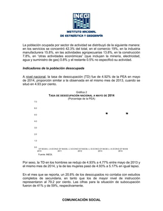 La población ocupada por sector de actividad se distribuyó de la siguiente manera:
en los servicios se concentró 42.3% del total, en el comercio 19%, en la industria
manufacturera 15.8%, en las actividades agropecuarias 13.8%, en la construcción
7.8%, en “otras actividades económicas” (que incluyen la minería, electricidad,
agua y suministro de gas) 0.8% y el restante 0.5% no especificó su actividad.
Indicadores de la población desocupada
A nivel nacional, la tasa de desocupación (TD) fue de 4.92% de la PEA en mayo
de 2014, proporción similar a la observada en el mismo mes de 2013, cuando se
situó en 4.93 por ciento.
Gráfica 2
TASA DE DESOCUPACIÓN NACIONAL A MAYO DE 2014
(Porcentaje de la PEA)
4.93
4.92
0.0
1.0
2.0
3.0
4.0
5.0
6.0
7.0
E
2010
F MA M J J A S ON D E
2011
F MA M J J A S ON D E
2012
F MA M J J A S ON D E
2013
F MA M J J A S ON D E
2014
F MA M
Fuente: INEGI.
Por sexo, la TD en los hombres se redujo de 4.93% a 4.77% entre mayo de 2013 y
el mismo mes de 2014, y la de las mujeres pasó de 4.93% a 5.17% en igual lapso.
En el mes que se reporta, un 20.8% de los desocupados no contaba con estudios
completos de secundaria, en tanto que los de mayor nivel de instrucción
representaron al 79.2 por ciento. Las cifras para la situación de subocupación
fueron de 41% y de 59%, respectivamente.
COMUNICACIÓN SOCIAL
 