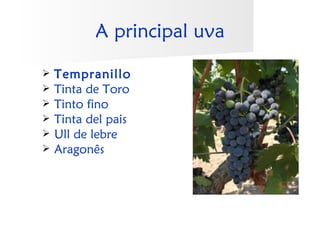 A principal uva

   Tempranillo
   Tinta de Toro
   Tinto fino
   Tinta del pais
   Ull de lebre
   Aragonês
 