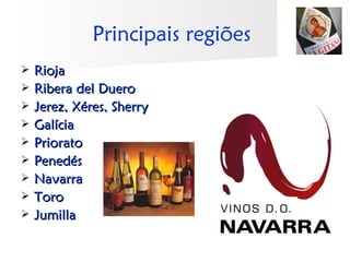 Principais regiões
   Rioja
   Ribera del Duero
   Jerez, Xéres, Sherry
   Galícia
   Priorato
   Penedés
   Navarra
   Toro
   Jumilla
 