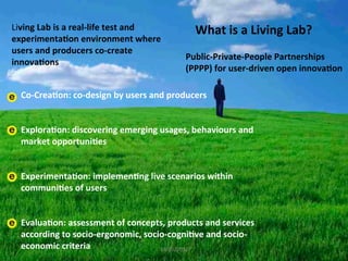 Living	
  Lab	
  (2/2)	
  
Living	
  Lab	
  is	
  a	
  real-­‐life	
  test	
  and	
  
experimenta4on	
  environment	
  where	
  
                                                   What	
  is	
  a	
  Living	
  Lab?	
  
users	
  and	
  producers	
  co-­‐create	
  
                                                             Public-­‐Private-­‐People	
  Partnerships	
  
innova4ons	
  
                                                             (PPPP)	
  for	
  user-­‐driven	
  open	
  innova4on	
  
	
  

   Co-­‐Crea4on:	
  co-­‐design	
  by	
  users	
  and	
  producers	
  	
  	
  
   	
  
   	
  
   Explora4on:	
  discovering	
  emerging	
  usages,	
  behaviours	
  and	
  
   market	
  opportuni4es	
  	
  
   	
  	
  
   	
  
   Experimenta4on:	
  implemen4ng	
  live	
  scenarios	
  within	
  
   communi4es	
  of	
  users	
  	
  	
  
   	
  
   	
  
   Evalua4on:	
  assessment	
  of	
  concepts,	
  products	
  and	
  services	
  
   according	
  to	
  socio-­‐ergonomic,	
  socio-­‐cogni4ve	
  and	
  socio-­‐
   economic	
  criteria	
  	
                       14/03/2012	
  
 