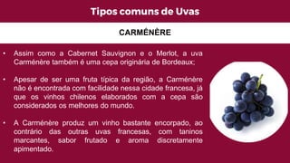 Tipos comuns de Uvas
CARMÉNÈRE
• Assim como a Cabernet Sauvignon e o Merlot, a uva
Carménère também é uma cepa originária de Bordeaux;
• Apesar de ser uma fruta típica da região, a Carménère
não é encontrada com facilidade nessa cidade francesa, já
que os vinhos chilenos elaborados com a cepa são
considerados os melhores do mundo.
• A Carménère produz um vinho bastante encorpado, ao
contrário das outras uvas francesas, com taninos
marcantes, sabor frutado e aroma discretamente
apimentado.
 