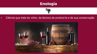 Enologia
• Ciência que trata do vinho, da técnica de produzi-lo e de sua conservação
 