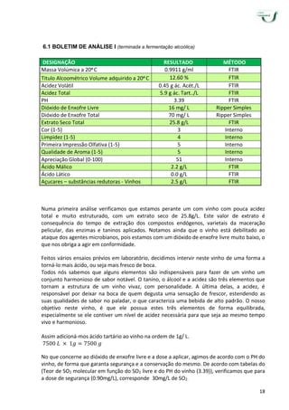 18
6.1 BOLETIM DE ANÁLISE I (terminada a fermentação alcoólica)
Numa primeira análise verificamos que estamos perante um com vinho com pouca acidez
total e muito estruturado, com um extrato seco de 25.8g/L. Este valor de extrato é
consequência do tempo de extração dos compostos endógenos, varietais da maceração
pelicular, das enzimas e taninos aplicados. Notamos ainda que o vinho está debilitado ao
ataque dos agentes microbianos, pois estamos com um dióxido de enxofre livre muito baixo, o
que nos obriga a agir em conformidade.
Feitos vários ensaios prévios em laboratório, decidimos intervir neste vinho de uma forma a
torná-lo mais ácido, ou seja mais fresco de boca.
Todos nós sabemos que alguns elementos são indispensáveis para fazer de um vinho um
conjunto harmonioso de sabor notável. O tanino, o álcool e a acidez são três elementos que
tornam a estrutura de um vinho vivaz, com personalidade. A última delas, a acidez, é
responsável por deixar na boca de quem degusta uma sensação de frescor, estendendo as
suas qualidades de sabor no paladar, o que caracteriza uma bebida de alto padrão. O nosso
objetivo neste vinho, é que ele possua estes três elementos de forma equilibrada,
especialmente se ele contiver um nível de acidez necessária para que seja ao mesmo tempo
vivo e harmonioso.
Assim adicioná-mos ácido tartário ao vinho na ordem de 1g/ L.
7500 𝐿 × 1𝑔 = 7500 𝑔
No que concerne ao dióxido de enxofre livre e a dose a aplicar, agimos de acordo com o PH do
vinho, de forma que garanta segurança e a conservação do mesmo. De acordo com tabelas do
(Teor de SO2 molecular em função do SO2 livre e do PH do vinho (3.39)), verificamos que para
a dose de segurança (0.90mg/L), corresponde 30mg/L de SO2.
DESIGNAÇÃO RESULTADO MÉTODO
Massa Volúmica a 20o
C 0.9911 g/ml FTIR
Titulo Alcoométrico Volume adquirido a 20o
C 12.60 % FTIR
Acidez Volátil 0.45 g ác. Acét./L FTIR
Acidez Total 5.9 g ác. Tart../L FTIR
PH 3.39 FTIR
Dióxido de Enxofre Livre 16 mg/ L Ripper Simples
Dióxido de Enxofre Total 70 mg/ L Ripper Simples
Extrato Seco Total 25.8 g/L FTIR
Cor (1-5) 3 Interno
Limpidez (1-5) 4 Interno
Primeira Impressão Olfativa (1-5) 5 Interno
Qualidade de Aroma (1-5) 5 Interno
Apreciação Global (0-100) 51 Interno
Ácido Málico 2.2 g/L FTIR
Ácido Lático 0.0 g/L FTIR
Açucares – substâncias redutoras - Vinhos 2.5 g/L FTIR
 