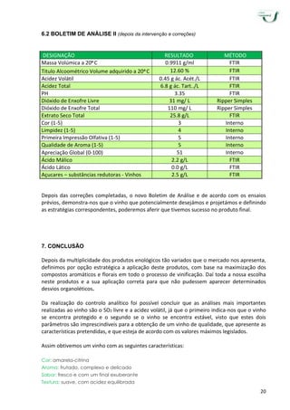 20
6.2 BOLETIM DE ANÁLISE II (depois da intervenção e correções)
Depois das correções completadas, o novo Boletim de Análise e de acordo com os ensaios
prévios, demonstra-nos que o vinho que potencialmente desejámos e projetámos e definindo
as estratégias correspondentes, poderemos aferir que tivemos sucesso no produto final.
7. CONCLUSÃO
Depois da multiplicidade dos produtos enológicos tão variados que o mercado nos apresenta,
definimos por opção estratégica a aplicação deste produtos, com base na maximização dos
compostos aromáticos e florais em todo o processo de vinificação. Daí toda a nossa escolha
neste produtos e a sua aplicação correta para que não pudessem aparecer determinados
desvios organoléticos.
Da realização do controlo analítico foi possível concluir que as análises mais importantes
realizadas ao vinho são o SO2 livre e a acidez volátil, já que o primeiro indica-nos que o vinho
se encontra protegido e o segundo se o vinho se encontra estável, visto que estes dois
parâmetros são imprescindíveis para a obtenção de um vinho de qualidade, que apresente as
características pretendidas, e que esteja de acordo com os valores máximos legislados.
Assim obtivemos um vinho com as seguintes características:
Cor: amarela-citrina
Aroma: frutado, complexo e delicado
Sabor: fresco e com um final exuberante
Textura: suave, com acidez equilibrada
DESIGNAÇÃO RESULTADO MÉTODO
Massa Volúmica a 20o
C 0.9911 g/ml FTIR
Titulo Alcoométrico Volume adquirido a 20o
C 12.60 % FTIR
Acidez Volátil 0.45 g ác. Acét./L FTIR
Acidez Total 6.8 g ác. Tart../L FTIR
PH 3.35 FTIR
Dióxido de Enxofre Livre 31 mg/ L Ripper Simples
Dióxido de Enxofre Total 110 mg/ L Ripper Simples
Extrato Seco Total 25.8 g/L FTIR
Cor (1-5) 3 Interno
Limpidez (1-5) 4 Interno
Primeira Impressão Olfativa (1-5) 5 Interno
Qualidade de Aroma (1-5) 5 Interno
Apreciação Global (0-100) 51 Interno
Ácido Málico 2.2 g/L FTIR
Ácido Lático 0.0 g/L FTIR
Açucares – substâncias redutoras - Vinhos 2.5 g/L FTIR
 