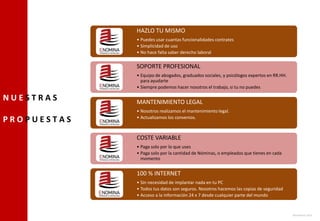 HAZLO TU MISMO
• Puedes usar cuantas funcionalidades contrates
• Simplicidad de uso
• No hace falta saber derecho laboral
SOPORTE PROFESIONAL
• Equipo de abogados, graduados sociales, y psicólogos expertos en RR.HH.
para ayudarte
• Siempre podemos hacer nosotros el trabajo, si tu no puedes
MANTENIMIENTO LEGAL
• Nosotros realizamos el mantenimiento legal.
• Actualizamos los convenios.
COSTE VARIABLE
• Paga solo por lo que uses
• Paga solo por la cantidad de Nóminas, o empleados que tienes en cada
momento
100 % INTERNET
• Sin necesidad de implantar nada en tu PC
• Todos tus datos son seguros. Nosotros hacemos las copias de seguridad
• Acceso a la información 24 x 7 desde cualquier parte del mundo
N U E S T R A S
P R O P U E S T A S
Noviembre 2010
 