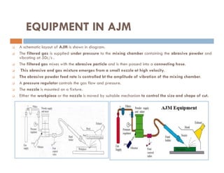 EQUIPMENT IN AJM
 A schematic layout of AJM is shown in diagram.
 The filtered gas is supplied under pressure to the mixing chamber containing the abrasive powder and
vibrating at 50c/s .
 The filtered gas mixes with the abrasive particle and is then passed into a connecting hose.
 This abrasive and gas mixture emerges from a small nozzle at high velocity.
 The abrasive powder feed rate is controlled bt the amplitude of vibration of the mixing chamber.
 A pressure regulator controls the gas flow and pressure.
 The nozzle is mounted on a fixture.
 Either the workpiece or the nozzle is moved by suitable mechanism to control the size and shape of cut.
 