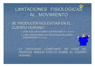 LIMITACIONES
LIMITACIONES FISIOLOGICAS
FISIOLOGICAS
AL
AL MOVIMIENTO
MOVIMIENTO

 SE PRODUCEN MOLESTIAS EN EL
SE PRODUCEN MOLESTIAS EN EL
CUERPO HUMANO:
CUERPO HUMANO:

 CON ACELERACIONES SUPERIORES A 1,5 m/s
CON ACELERACIONES SUPERIORES A 1,5 m/s2
2

 CON VARIACIONES DE ACELERACION (JERK)
CON VARIACIONES DE ACELERACION (JERK)
SUPERIORES A 2 m/s
SUPERIORES A 2 m/s3
3

 LA VELOCIDAD CONSTANTE DE VIAJE NO
LA VELOCIDAD CONSTANTE DE VIAJE NO
PRODUCE NINGUN EFECTO SOBRE EL CUERPO
PRODUCE NINGUN EFECTO SOBRE EL CUERPO
HUMANO
HUMANO
 