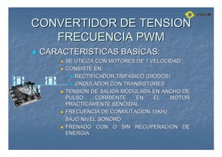 CONVERTIDOR DE TENSION
CONVERTIDOR DE TENSION
FRECUENCIA PWM
FRECUENCIA PWM

 CARACTERISTICAS BASICAS:
CARACTERISTICAS BASICAS:

 SE UTILIZA CON MOTORES DE 1 VELOCIDAD
SE UTILIZA CON MOTORES DE 1 VELOCIDAD

 CONSISTE EN:
CONSISTE EN:

 RECTIFICADOR TRIFASICO (DIODOS)
RECTIFICADOR TRIFASICO (DIODOS)

 ONDULADOR CON TRANSISTORES
ONDULADOR CON TRANSISTORES

 TENSION DE SALIDA MODULADA EN ANCHO DE
TENSION DE SALIDA MODULADA EN ANCHO DE
PULSO. CORRIENTE EN EL MOTOR
PULSO. CORRIENTE EN EL MOTOR
PRACTICAMENTE SENOIDAL
PRACTICAMENTE SENOIDAL

 FRECUENCIA DE CONMUTACION 15KHz.
FRECUENCIA DE CONMUTACION 15KHz.
BAJO NIVEL SONORO
BAJO NIVEL SONORO

 FRENADO CON O SIN RECUPERACION DE
FRENADO CON O SIN RECUPERACION DE
ENERGIA
ENERGIA
 