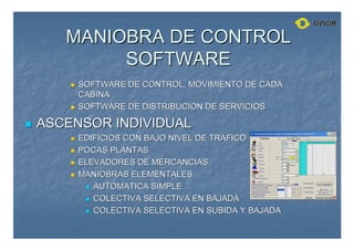 MANIOBRA DE CONTROL
MANIOBRA DE CONTROL
SOFTWARE
SOFTWARE

 SOFTWARE DE CONTROL. MOVIMIENTO DE CADA
SOFTWARE DE CONTROL. MOVIMIENTO DE CADA
CABINA
CABINA

 SOFTWARE DE DISTRIBUCION DE SERVICIOS
SOFTWARE DE DISTRIBUCION DE SERVICIOS

 ASCENSOR INDIVIDUAL
ASCENSOR INDIVIDUAL

 EDIFICIOS CON BAJO NIVEL DE TRAFICO
EDIFICIOS CON BAJO NIVEL DE TRAFICO

 POCAS PLANTAS
POCAS PLANTAS

 ELEVADORES DE MERCANCIAS
ELEVADORES DE MERCANCIAS

 MANIOBRAS ELEMENTALES
MANIOBRAS ELEMENTALES

 AUTOMATICA SIMPLE
AUTOMATICA SIMPLE

 COLECTIVA SELECTIVA EN BAJADA
COLECTIVA SELECTIVA EN BAJADA

 COLECTIVA SELECTIVA EN SUBIDA Y BAJADA
COLECTIVA SELECTIVA EN SUBIDA Y BAJADA
 