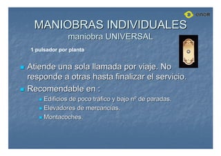 MANIOBRAS INDIVIDUALES
MANIOBRAS INDIVIDUALES
maniobra UNIVERSAL
maniobra UNIVERSAL

 Atiende una sola llamada por viaje. No
Atiende una sola llamada por viaje. No
responde a otras hasta finalizar el servicio.
responde a otras hasta finalizar el servicio.

 Recomendable en :
Recomendable en :

 Edificios de poco tr
Edificios de poco trá
áfico y bajo n
fico y bajo nº
º de paradas.
de paradas.

 Elevadores de mercanc
Elevadores de mercancí
ías.
as.

 Montacoches
Montacoches.
.
1 pulsador por planta
 