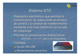 Sistema STD
Sistema STD

 Dispositivo electr
Dispositivo electró
ónico que permite la
nico que permite la
comunicaci
comunicació
ón de datos entre el armario
n de datos entre el armario
de control y la central de mantenimiento
de control y la central de mantenimiento
mediante una l
mediante una lí
ínea telef
nea telefó
ónica en la sala
nica en la sala
de m
de má
áquinas.
quinas.

 Permite la comunicaci
Permite la comunicació
ón
n bidireccional
bidireccional :
:

 CENTRAL ===== SALA DE MAQUINAS
CENTRAL ===== SALA DE MAQUINAS

 Ventajas :
Ventajas :

 Ayuda ON
Ayuda ON-
-LINE
LINE

 Mantenimiento preventivo
Mantenimiento preventivo
 
