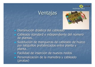 Ventajas
Ventajas

 Disminuci
Disminució
ón dr
n drá
ástica del cableado
stica del cableado

 Cableado
Cableado standard
standard e independiente del n
e independiente del nú
úmero
mero
de plantas.
de plantas.

 Sustituci
Sustitució
ón de mangueras de cableado de hueco
n de mangueras de cableado de hueco
por latiguillos prefabricados entre planta y
por latiguillos prefabricados entre planta y
planta.
planta.

 Facilidad de inserci
Facilidad de inserció
ón de nuevos nodos
n de nuevos nodos

 Personalizaci
Personalizació
ón de la maniobra y cableado
n de la maniobra y cableado
(piratas)
(piratas)
Aut
Autó
ómata
mata eBus
eBus
 