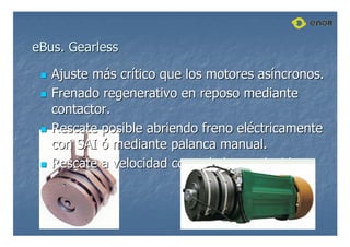 eBus
eBus.
. Gearless
Gearless

 Ajuste m
Ajuste má
ás cr
s crí
ítico que los motores as
tico que los motores así
íncronos.
ncronos.

 Frenado regenerativo en reposo mediante
Frenado regenerativo en reposo mediante
contactor
contactor.
.

 Rescate posible abriendo freno el
Rescate posible abriendo freno elé
éctricamente
ctricamente
con SAI
con SAI ó
ó mediante palanca manual.
mediante palanca manual.

 Rescate a velocidad controlada y reducida.
Rescate a velocidad controlada y reducida.
 