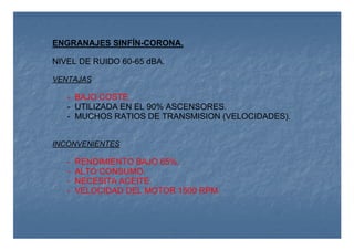 ENGRANAJES SINFÍN-CORONA.
NIVEL DE RUIDO 60-65 dBA.
VENTAJAS
- BAJO COSTE.
- UTILIZADA EN EL 90% ASCENSORES.
- MUCHOS RATIOS DE TRANSMISION (VELOCIDADES).
INCONVENIENTES
- RENDIMIENTO BAJO 65%.
- ALTO CONSUMO.
- NECESITA ACEITE.
- VELOCIDAD DEL MOTOR 1500 RPM.
 