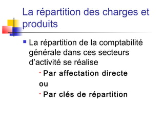 La répartition des charges et
produits
 La répartition de la comptabilité
générale dans ces secteurs
d’activité se réalise

Par affectation directe
ou

Par clés de répartition
 