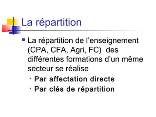 La répartition
 La répartition de l’enseignement
(CPA, CFA, Agri, FC) des
différentes formations d’un même
secteur se réalise
 Par affectation directe
 Par clés de répartition
 