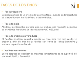 FASES DE LOS ENOS
• Fase precursora
Comienza a fines de un evento de fase fría (Nina), cuando las temperaturas
de la superficie del mar han vuelto a casi normales.
• Fase de inicio
Alrededor de Diciembre de cada año, se produce una relajación estacional
de los vientos mar afuera de las costas de Perú y Ecuador.
• Fase de crecimiento y madurez
El Pacifico ecuatorial central y oriental se hace cada vez mas cálido. La
presión a nivel del mar en el Pacifico sur (cerca ce Taihiti) disminuye y
aumenta la presión en Darwin.
• Fase de decaimiento
Se da después de alcanzar los máximos temperaturas de la superficie del
mar en el Pacifico Ecuatorial.
 
