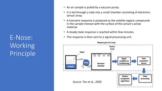 E-Nose:
Working
Principle
• An air sample is pulled by a vacuum pump.
• It is led through a tube into a small chamber consisting of electronic
sensor array.
• A transient response is produced as the volatile organic compounds
in the sample interact with the surface of the sensor’s active
material.
• A steady state response is reached within few minutes.
• This response is then sent to a signal processing unit.
Source: Tan et al., 2020
 