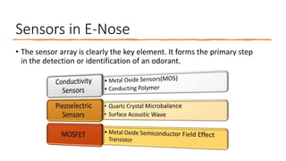 Sensors in E-Nose
• The sensor array is clearly the key element. It forms the primary step
in the detection or identification of an odorant.
 