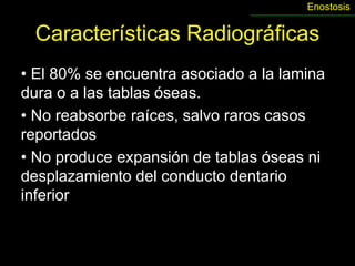Enostosis


 Características Radiográficas
• El 80% se encuentra asociado a la lamina
dura o a las tablas óseas.
• No reabsorbe raíces, salvo raros casos
reportados
• No produce expansión de tablas óseas ni
desplazamiento del conducto dentario
inferior
 