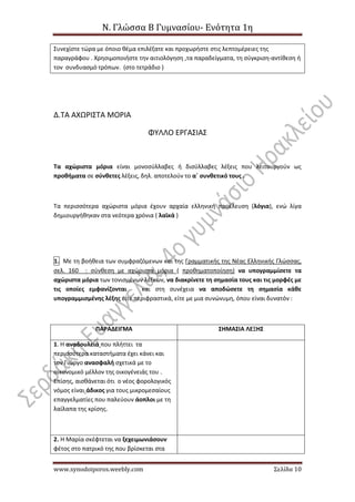 Ν. Γλώσσα Β Γυμνασίου- Ενότητα 1η
www.synodoiporos.weebly.com Σελίδα 10
Συνεχίστε τώρα με όποιο θέμα επιλέξατε και προχωρήστε στις λεπτομέρειες της
παραγράφου . Χρησιμοποιήστε την αιτιολόγηση ,τα παραδείγματα, τη σύγκριση-αντίθεση ή
τον συνδυασμό τρόπων. (στο τετράδιο )
Δ.ΤΑ ΑΧΩΡΙΣΤΑ ΜΟΡΙΑ
ΦΥΛΛΟ ΕΡΓΑΣΙΑΣ
Τα αχώριστα μόρια είναι μονοσύλλαβες ή δισύλλαβες λέξεις που λειτουργούν ως
προθήματα σε σύνθετες λέξεις, δηλ. αποτελούν το α΄ συνθετικό τους .
Τα περισσότερα αχώριστα μόρια έχουν αρχαία ελληνική προέλευση (λόγια), ενώ λίγα
δημιουργήθηκαν στα νεότερα χρόνια ( λαϊκά )
1. Με τη βοήθεια των συμφραζόμενων και της Γραμματικής της Νέας Ελληνικής Γλώσσας,
σελ. 160 : σύνθεση με αχώριστα μόρια ( προθηματοποίηση) να υπογραμμίσετε τα
αχώριστα μόρια των τονισμένων λέξεων, να διακρίνετε τη σημασία τους και τις μορφές με
τις οποίες εμφανίζονται και στη συνέχεια να αποδώσετε τη σημασία κάθε
υπογραμμισμένης λέξης είτε περιφραστικά, είτε με μια συνώνυμη, όπου είναι δυνατόν :
ΠΑΡΑΔΕΙΓΜΑ ΣΗΜΑΣΙΑ ΛΕΞΗΣ
1. Η αναδουλειά που πλήττει τα
περισσότερα καταστήματα έχει κάνει και
τον Γιώργο ανασφαλή σχετικά με το
οικονομικό μέλλον της οικογένειάς του .
Επίσης, αισθάνεται ότι ο νέος φορολογικός
νόμος είναι άδικος για τους μικρομεσαίους
επαγγελματίες που παλεύουν άοπλοι με τη
λαίλαπα της κρίσης.
2. Η Μαρία σκέφτεται να ξεχειμωνιάσουν
φέτος στο πατρικό της που βρίσκεται στα
 