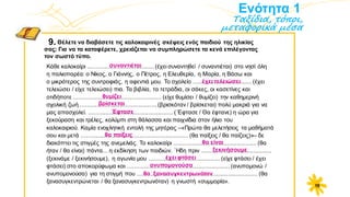 α
Ενότητα 1
Ταξίδια, τόποι,
μεταφορικά μέσα
9.
Κάθε καλοκαίρι ........................................ (έχει συναντηθεί / συναντιέται) στο νησί όλη
η παλιοπαρέα: ο Νίκος, ο Γιάννης, ο Πέτρος, η Ελευθερία, η Μαρία, η Βάσω και
ο μικρότερος της συντροφιάς, η αφεντιά μου. Το σχολείο ................................... (έχει
τελειώσει / είχε τελειώσει) πια. Τα βιβλία, τα τετράδια, οι σάκες, οι κασετίνες και
οτιδήποτε ..................................................... (είχε θυμίσει / θυμίζει) την καθημερινή
σχολική ζωή .............................................. (βρισκόταν / βρίσκεται) πολύ μακριά για να
μας απασχολεί. ................................................... ( Έφτασε / Θα έφτανε) η ώρα για
ξεκούραση και τρέλες, κολύμπι στη θάλασσα και παιχνίδια στον ήλιο του
καλοκαιριού. Καμία ενοχλητική εντολή της μητέρας –«Πρώτα θα μελετήσεις τα μαθήματά
σου και μετά ................................................................. (θα παίξεις / θα παίζεις)»– δε
διακόπτει τις στιγμές της ανεμελιάς. Το καλοκαίρι .................................................. (θα
ήταν / θα είναι) πάντα... η εκδίκηση των παιδιών. ΄Hδη πριν ..........................................
(ξεκινάμε / ξεκινήσουμε), η αγωνία μου ........................................... (είχε φτάσει / έχει
φτάσει) στο αποκορύφωμα και .............................................................. (ανυπομονώ /
ανυπομονούσα) για τη στιγμή που ......................................................................... (θα
ξανασυγκεντρώνεται / θα ξανασυγκεντρωνόταν) η γνωστή «συμμορία».
συναντιέται
Θέλετε να διαβάσετε τις καλοκαιρινές σκέψεις ενός παιδιού της ηλικίας
σας; Για να τα καταφέρετε, χρειάζεται να συμπληρώσετε τα κενά επιλέγοντας
τον σωστό τύπο.
έχει τελειώσει
θυμίζει
βρίσκεται
Έφτασε
θα είναι
ξεκινήσουμε
έχει φτάσει
ανυπομονούσα
θα ξανασυγκεντρωνόταν
α θα παίξεις
15
 