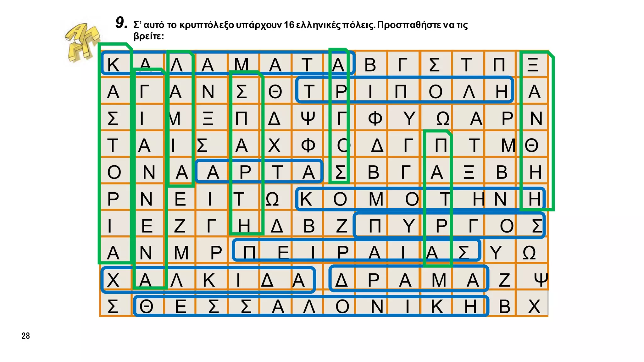 9. Σ’ αυτό το κρυπτόλεξο υπάρχουν 16 ελληνικέςπόλεις.Προσπαθήστε να τις
βρείτε:
Κ Α Λ Α Μ Α Τ Α Β Γ Σ Τ Π Ξ
Α Γ Α Ν Σ Θ Τ Ρ Ι Π Ο Λ Η Α
Σ Ι Μ Ξ Π Δ Ψ Γ Φ Υ Ω Α Ρ Ν
Τ Α Ι Σ Α Χ Φ Ο Δ Γ Π Τ Μ Θ
Ο Ν Α Α Ρ Τ Α Σ Β Γ Α Ξ Β Η
Ρ Ν Ε Ι Τ Ω Κ Ο Μ Ο Τ Η Ν Η
Ι Ε Ζ Γ Η Δ Β Ζ Π Υ Ρ Γ Ο Σ
Α Ν Μ Ρ Π Ε Ι Ρ Α Ι Α Σ Υ Ω
Χ Α Λ Κ Ι Δ Α Δ Ρ Α Μ Α Ζ Ψ
Σ Θ Ε Σ Σ Α Λ Ο Ν Ι Κ Η Β Χ
28
 