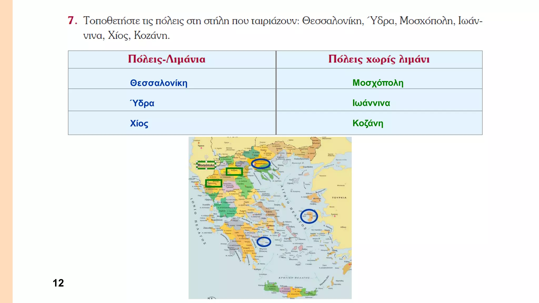 12
Θεσσαλονίκη
Ύδρα
Χίος
Μοσχόπολη
Ιωάννινα
Κοζάνη
 