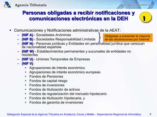 Personas obligadas a recibir notificaciones y comunicaciones electrónicas en la DEH Comunicaciones y Notificaciones administrativas de la AEAT: (NIF A)  - Sociedades Anónimas (NIF B)  - Sociedades Responsabilidad Limitada (NIF N)  - Personas jurídicas y Entidades sin personalidad jurídica que carezcan de nacionalidad española (NIF W)  - Establecimientos permanentes y sucursales de entidades no residentes (NIF U)  - Uniones Temporales de Empresas (NIF V) : Agrupaciones de interés económico Agrupaciones de interés económico europeas Fondos de Pensiones Fondos de capital riesgo Fondos de inversiones Fondos de titulización de activos Fondos de regularización del mercado hipotecario Fondos de titulización hipotecaria, y Fondos de garantía de inversiones 1 Obligadas a presentar la mayoría de las declaraciones por Internet 