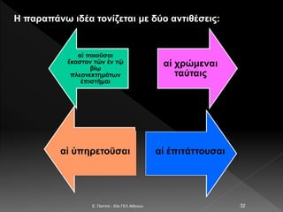 E. Παππά - 53ο ΓΕΛ Αθηνών 32
Η παραπάνω ιδέα τονίζεται με δύο αντιθέσεις:
αἱ ποιοῦσαι
ἕκαστον τῶν ἐν τῷ
βίῳ
πλεονεκτημάτων
ἐπιστῆμαι
αἱ χρώμεναι
ταύταις
αἱ ὑπηρετοῦσαι αἱ ἐπιτάττουσαι
 