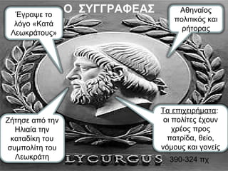Ο ΣΥΓΓΡΑΦΕΑΣ 
Αθηναίος 
πολιτικός και 
ρήτορας 
390-324 πχ 
Έγραψε το 
λόγο «Κατά 
Λεωκράτους» 
Ζήτησε από την 
Ηλιαία την 
καταδίκη του 
συμπολίτη του 
Λεωκράτη 
Τα επιχειρήματα: 
οι πολίτες έχουν 
χρέος προς 
πατρίδα, θείο, 
νόμους και γονείς 
 
