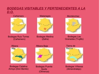 BODEGAS VISITABLES Y PERTENECIENTES A LA
D.O.
    Cañamero             Matanegra       Montánchez




Bodegas Ruiz Torres   Bodegas Medina     Bodegas Las
    (Cañamero)            (Zafra)      Granadas (Trujillo)


   Ribera             Ribera Baja       Tierra de
   Alta                                 Barros




 Bodegas Catalina     Bodegas Puente   Bodegas Viñexsa
Arroyo (Don Benito)       Ajuda         (Almendralejo)
                        (Olivenza)
 