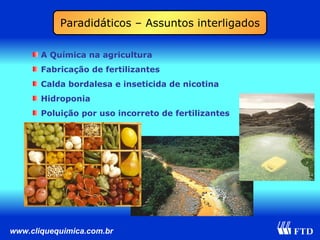 A Química na agricultura Fabricação de fertilizantes Calda bordalesa e inseticida de nicotina Hidroponia Poluição por uso incorreto de fertilizantes Paradidáticos – Assuntos interligados 