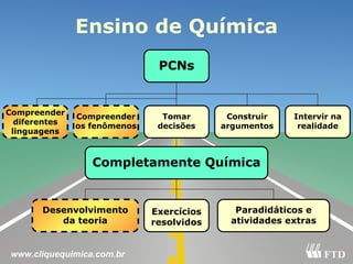 Desenvolvimento da teoria Tomar decisões Completamente Química Exercícios resolvidos PCNs Paradidáticos e atividades extras Ensino de Química Compreender os fenômenos Intervir na realidade Construir argumentos Compreender diferentes linguagens www.cliquequimica.com.br 