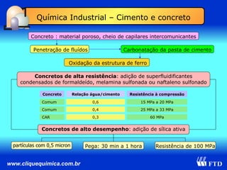 Química Industrial – Cimento e concreto Concreto : material poroso, cheio de capilares intercomunicantes Oxidação da estrutura de ferro Penetração de fluídos Carbonatação da pasta de cimento Concretos de alta resistência : adição de superfluidificantes condensados de formaldeído, melamina sulfonada ou naftaleno sulfonado Concretos de alto desempenho : adição de sílica ativa partículas com 0,5 micron Pega: 30 min a 1 hora Resistência de 100 MPa Comum 0,6 15 MPa a 20 MPa Comum 0,4 25 MPa a 33 MPa CAR 0,3 60 MPa Concreto Relação água/cimento Resistência à compressão 