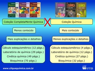 X Coleção Completa Mente  Química Menos conteúdo Mais explicações e detalhes Cálculo estequiométrico (12 págs.) Laboratório de química (29 págs.) Cinética química (49 págs.) Bioquímica (70 págs.) Coleção Química Mais conteúdo Menos explicações e detalhes Cálculo estequiométrico (4 págs.) Laboratório de química (12 págs.) Cinética química (27 págs.) Bioquímica (32 págs.) 