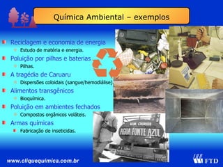 Reciclagem e economia de energia Estudo de matéria e energia. Poluição por pilhas e baterias Pilhas. A tragédia de Caruaru Dispersões coloidais (sangue/hemodiálise). Alimentos transgênicos Bioquímica. Poluição em ambientes fechados Compostos orgânicos voláteis. Armas químicas Fabricação de inseticidas. Química Ambiental – exemplos 
