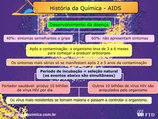 História da Química - AIDS Desenvolvimento da doença Após a contaminação: o organismo leva de 3 a 6 meses para começar a produzir anticorpos Os sintomas mais sérios só se manifestam após 2 a 5 anos da contaminação Portador saudável: produz 10 bilhões de vírus HIV por dia Período de incubação = seleção natural (os eventos abaixo são simultâneos) 40%: sintomas semelhantes a gripe 60%: não apresentam sintomas Outros 10 bilhões de vírus HIV são aniquilados pelo organismo Os  vírus mais resistentes se tornam maioria e passam a controlar o organismo. www.cliquequimica.com.br 