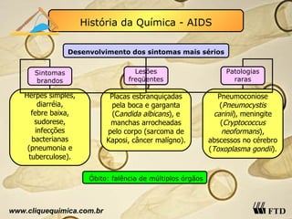 História da Química - AIDS Desenvolvimento dos sintomas mais sérios Óbito: falência de múltiplos órgãos Lesões freqüentes Patologias raras Placas esbranquiçadas pela boca e garganta (C andida albicans ), e manchas arrocheadas pelo corpo (sarcoma de Kaposi, câncer malígno). Pneumoconiose ( Pneumocystis carinii ), meningite ( Cryptococcus neoformans ), abscessos no cérebro ( Toxoplasma gondii ). Sintomas brandos Herpes simples, diarréia, febre baixa, sudorese, infecções bacterianas (pneumonia e tuberculose). www.cliquequimica.com.br 