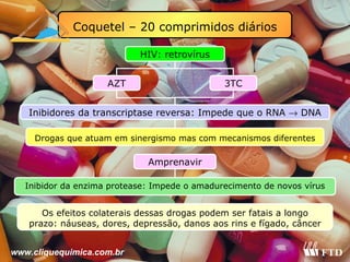 HIV: retrovírus 3TC Inibidores da transcriptase reversa: Impede que o RNA    DNA Drogas que atuam em sinergismo mas com mecanismos diferentes Inibidor da enzima protease: Impede o amadurecimento de novos vírus Amprenavir Os efeitos colaterais dessas drogas podem ser fatais a longo prazo: náuseas, dores, depressão, danos aos rins e fígado, câncer Coquetel – 20 comprimidos diários AZT www.cliquequimica.com.br 