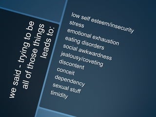 low self esteem/insecuritystressemotional exhaustioneating disorderssocial awkwardnessjealousy/covetingdiscontentconceitdependencysexual stufftimiditywe said - trying to be all of those things leads to: