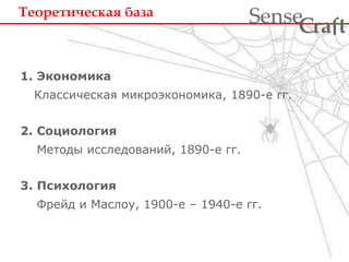 Теоретическая база 
1. Экономика 
ra t Sense f C 
Классическая микроэкономика, 1890-е гг. 
2. Социология 
Методы исследований, 1890-е гг. 
3. Психология 
Фрейд и Маслоу, 1900-е – 1940-е гг. 
 