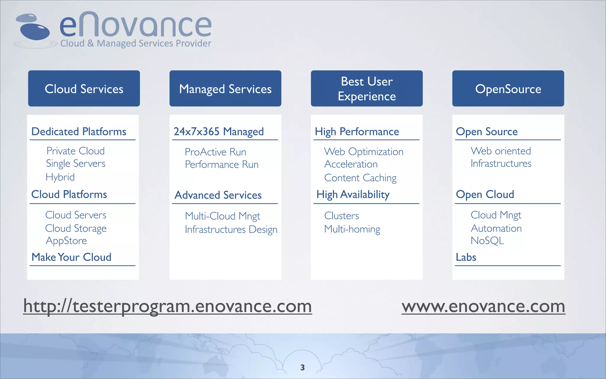 Best User
  Cloud Services      Managed Services                                           OpenSource
                                                         Experience

Dedicated Platforms   24x7x365 Managed               High Performance         Open Source
  Private Cloud         ProActive Run                 Web Optimization          Web oriented
  Single Servers        Performance Run               Acceleration              Infrastructures
  Hybrid                                              Content Caching
Cloud Platforms       Advanced Services              High Availability        Open Cloud
  Cloud Servers         Multi-Cloud Mngt              Clusters                  Cloud Mngt
  Cloud Storage         Infrastructures Design        Multi-homing              Automation
  AppStore                                                                      NoSQL
Make Your Cloud                                                               Labs



http://testerprogram.enovance.com                                        www.enovance.com

                                                 3
 