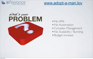 www.adopt-a-man.lov



                       • No APIs
                       • No Automation
                       • Complex Management
                       • No Scalability / Bursting
                       • Budget increase




jeudi 18 avril 13
 